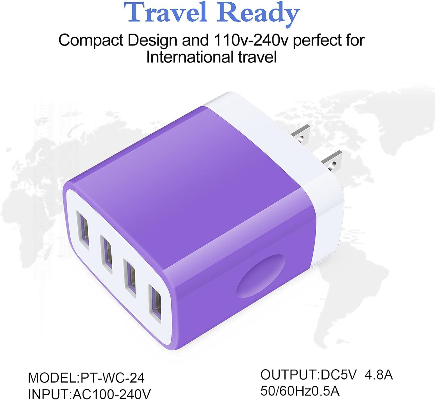 Wall Charger Block, 4-Multi Port USB Wall Charger Plug 4.8A Power Adapter Charging Block Cube Charger Box for Iphone 15 14 13 Pro Max 12 11 XS X 8 Plus, Ipad, Samsung Galaxy, LG, Moto, Android