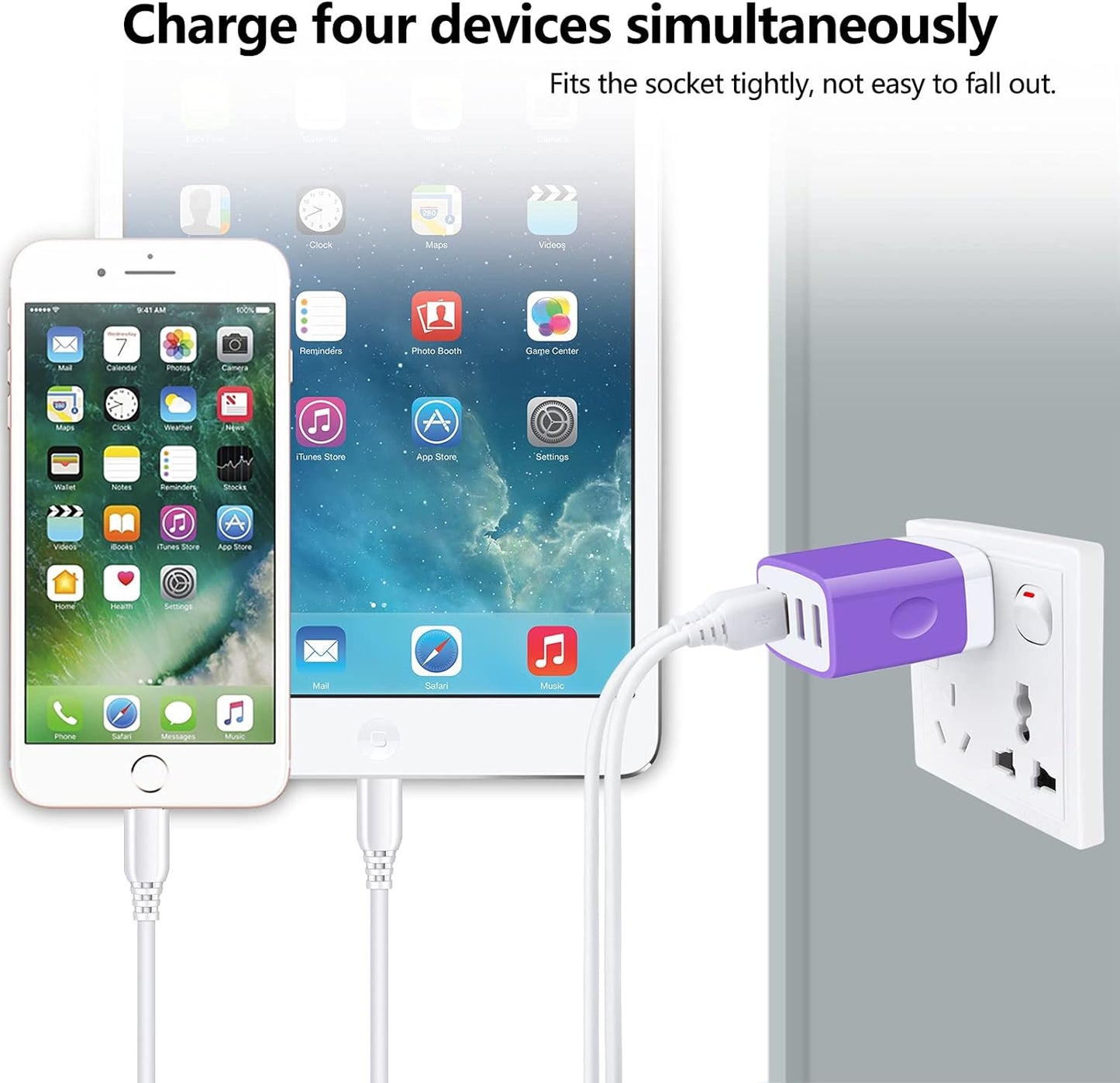 Wall Charger Block, 4-Multi Port USB Wall Charger Plug 4.8A Power Adapter Charging Block Cube Charger Box for Iphone 15 14 13 Pro Max 12 11 XS X 8 Plus, Ipad, Samsung Galaxy, LG, Moto, Android
