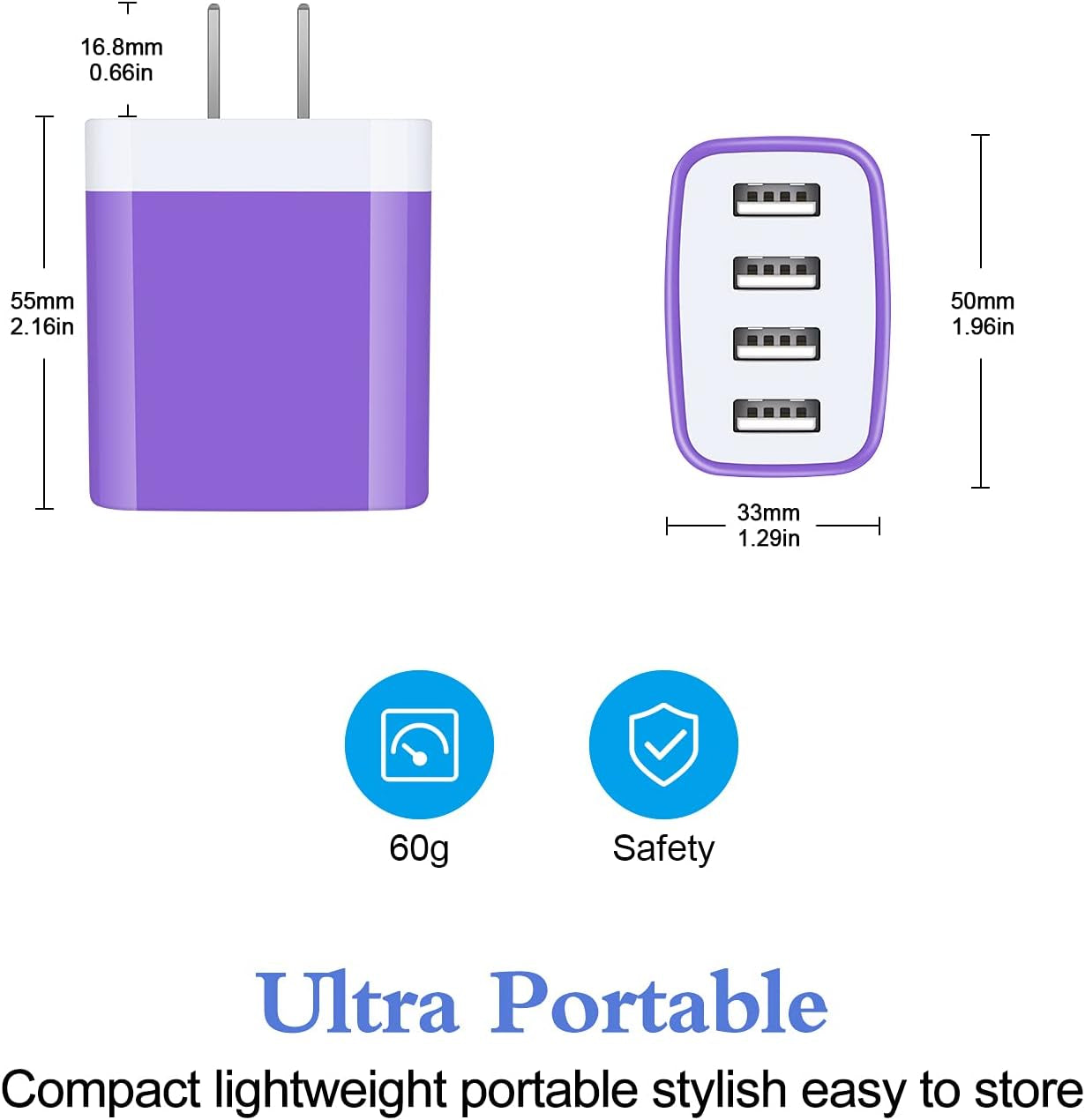 Wall Charger Block, 4-Multi Port USB Wall Charger Plug 4.8A Power Adapter Charging Block Cube Charger Box for Iphone 15 14 13 Pro Max 12 11 XS X 8 Plus, Ipad, Samsung Galaxy, LG, Moto, Android