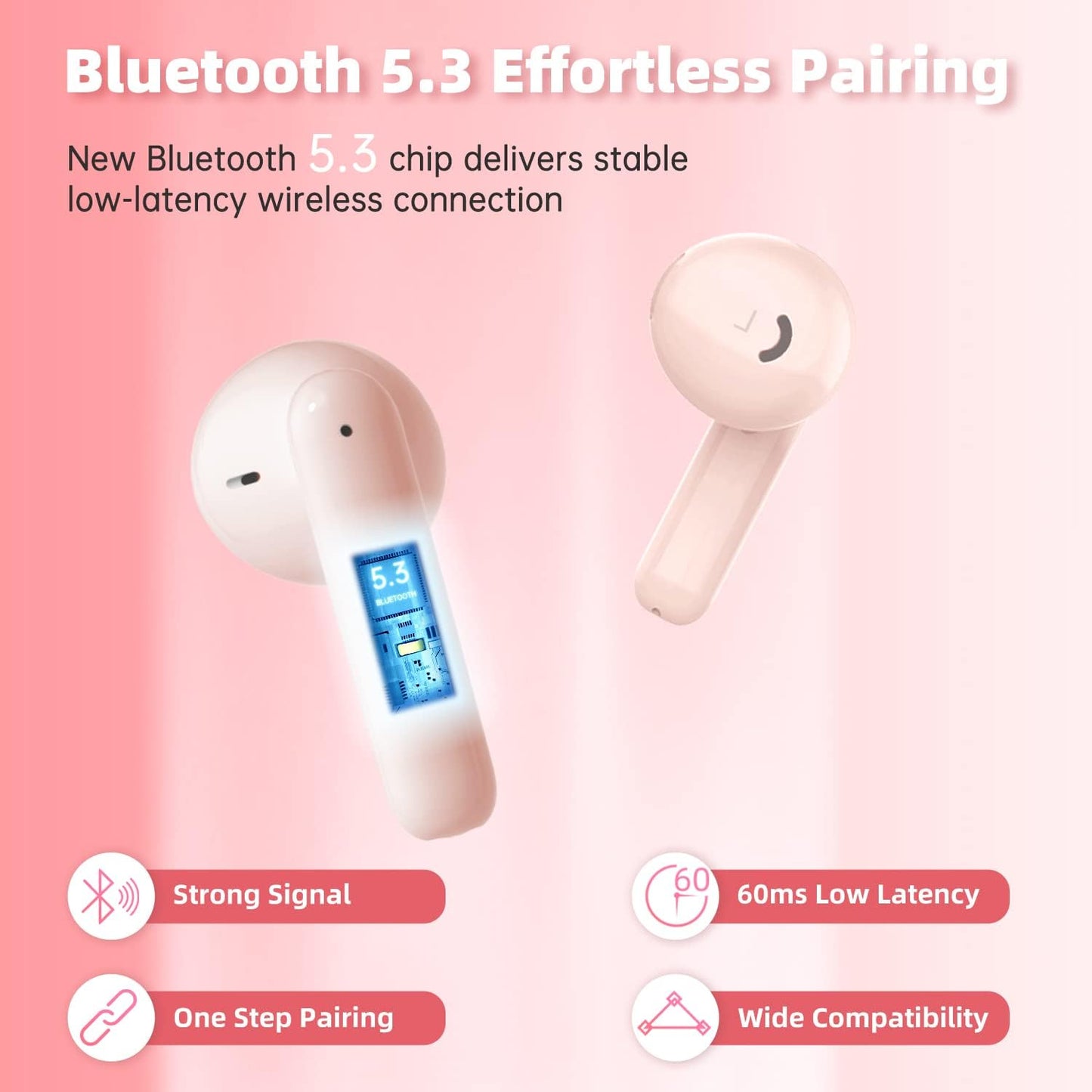 Wireless Earbuds Bluetooth Earbuds Noise Cancelling Earbud Wireless Earphones Built in Mic Handset 36H Playtime Comfortable IP55 Waterproof Earphone for Sport Women Girls Gifts Ideas,Pink